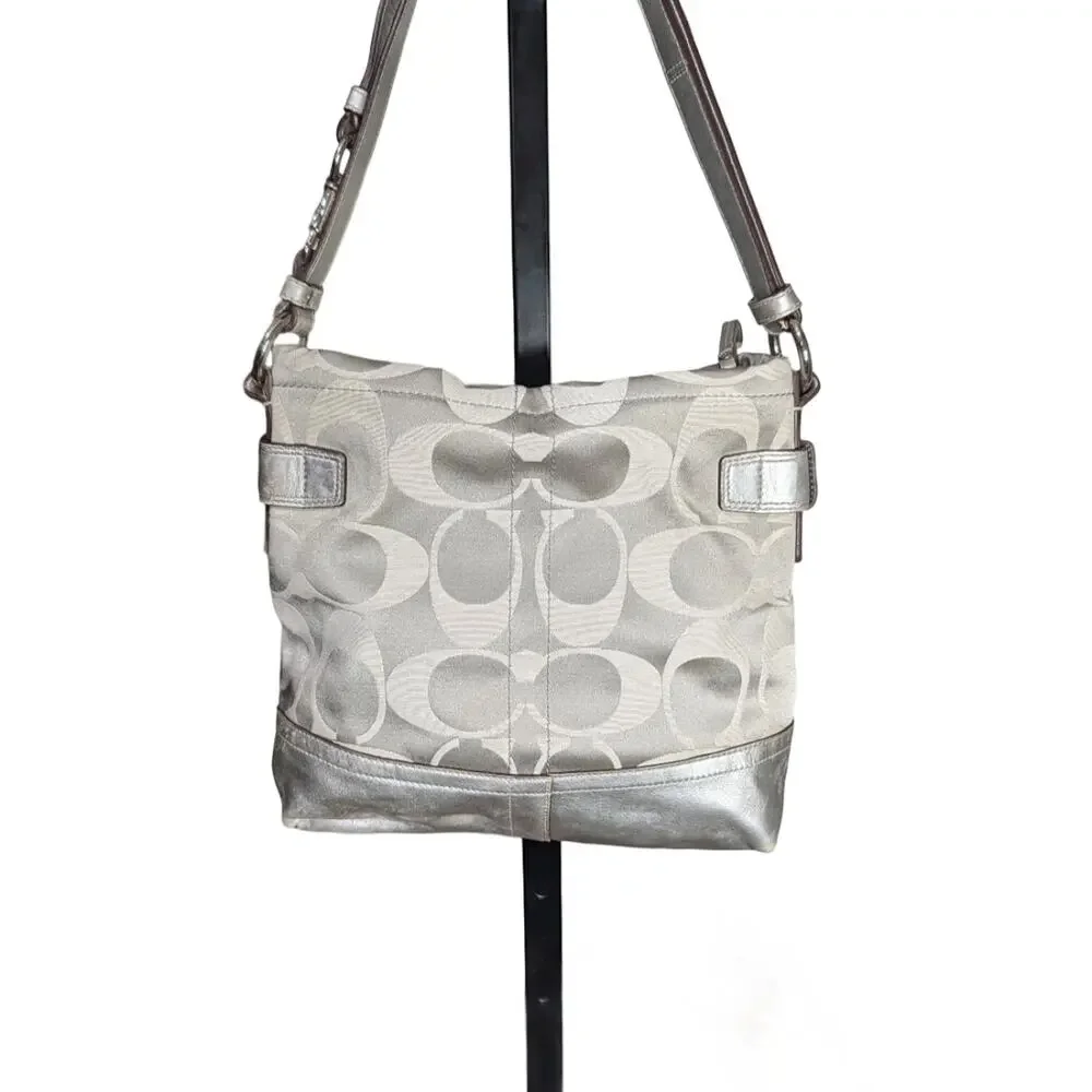 Coach Signature Sateen Convertible Duffle F18862 Silver Metallic Crossbody